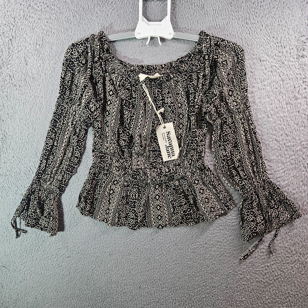NEW Savanna Jane Cropped Top‎ Women Small Fitted Aztec Print Black Beige Boho